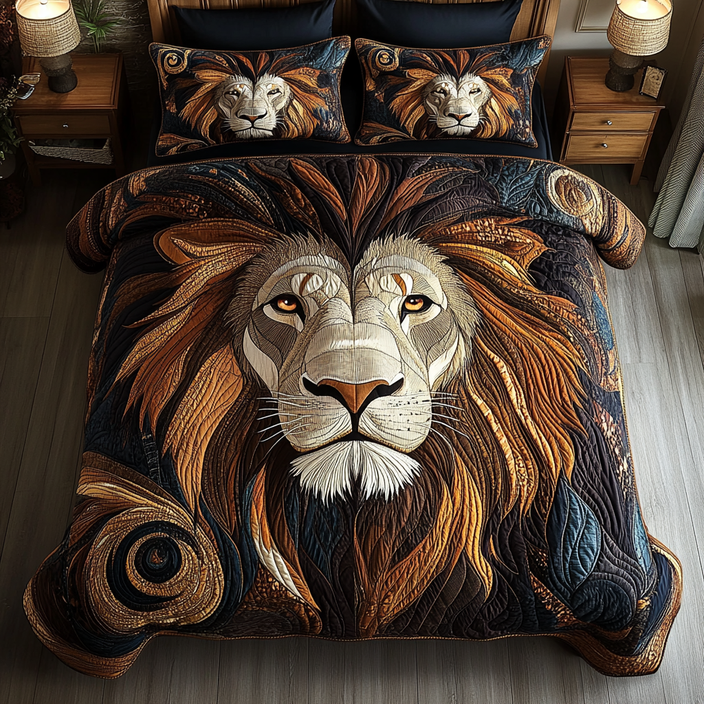 Roaring Spirit Quilted Bedding Set Cozy Bedroom Decor Lion Lover Gifts