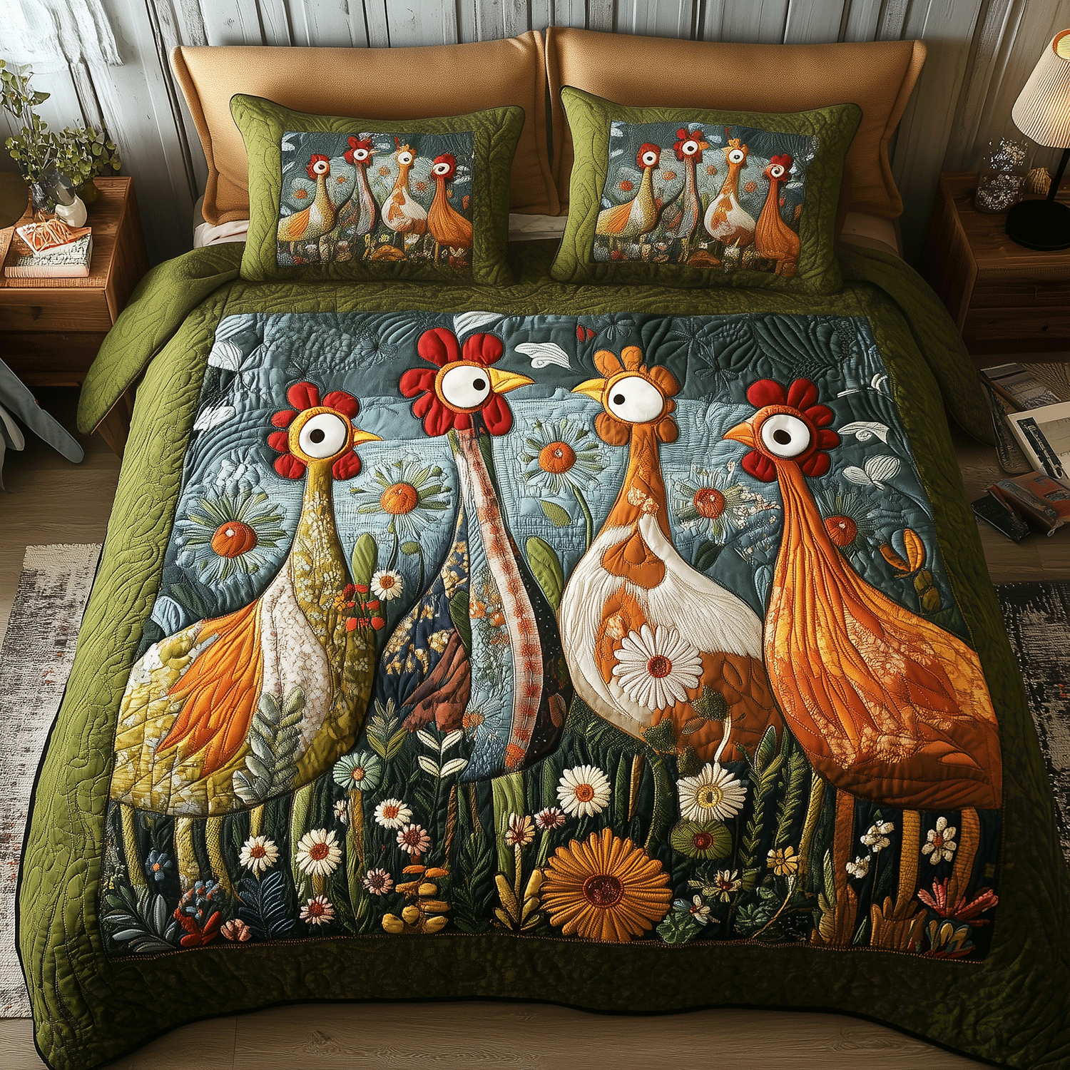 Rooster Garden Retreat Quilted Bedding Set Chicken Christmas Gifts