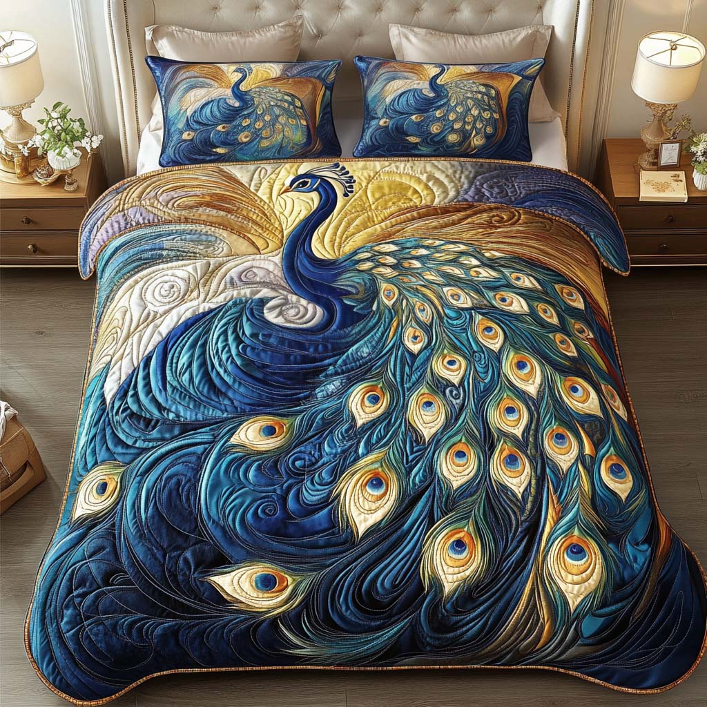 Royal Blue Radiance Quilted Bedding Set Gift For Peacock Lover