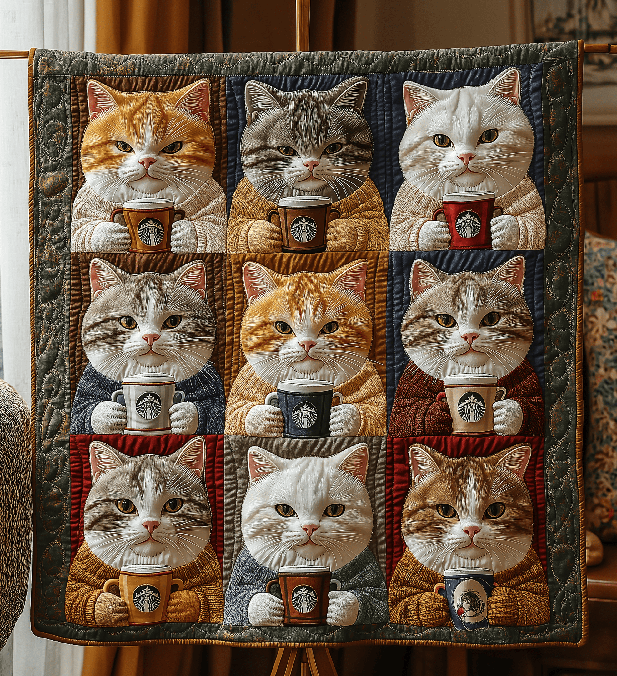 Royal Cats Drinking Coffee Quilted Blanket Cute Best Christmas Gifts For Cat Owners