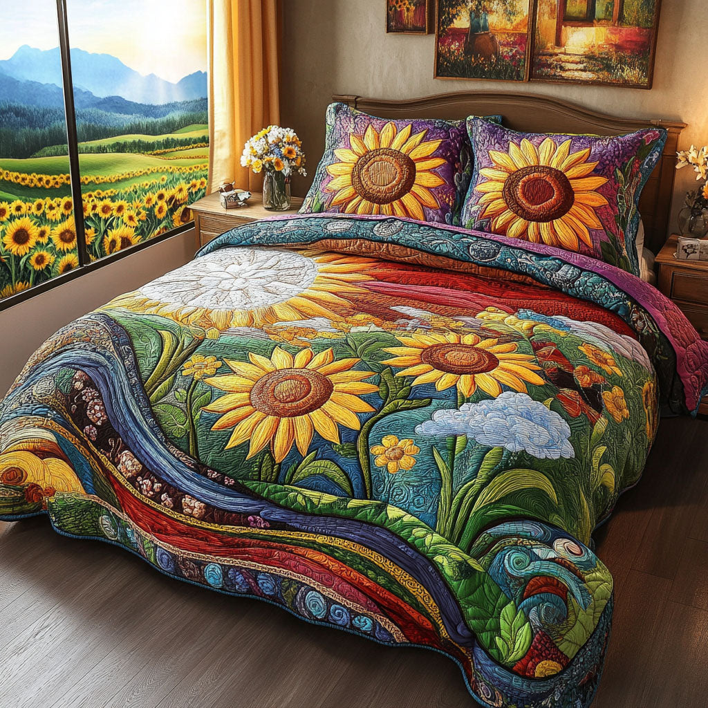 Rustic Sunburst Quilted Bedding Set Bed Decorations Sunflower Presents Merchandise