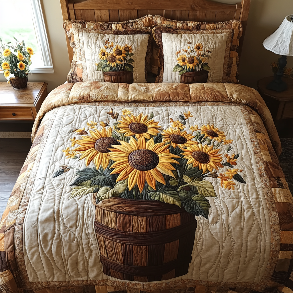 Rustic Sunrise Quilted Bedding Set Sunflower Gifts For Her