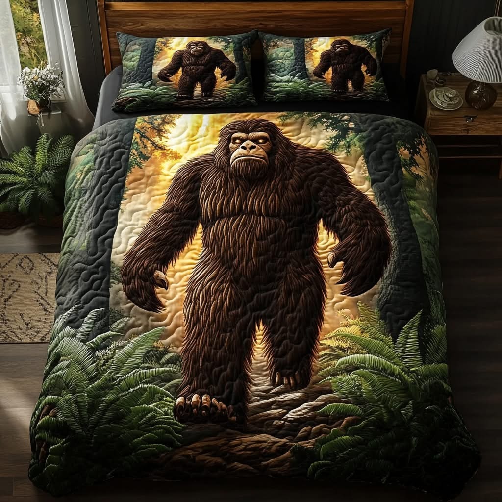Sasquatch Forest Quilted Bedding Set Rustic Woodland Bedspread Set Bigfoot Gift Items