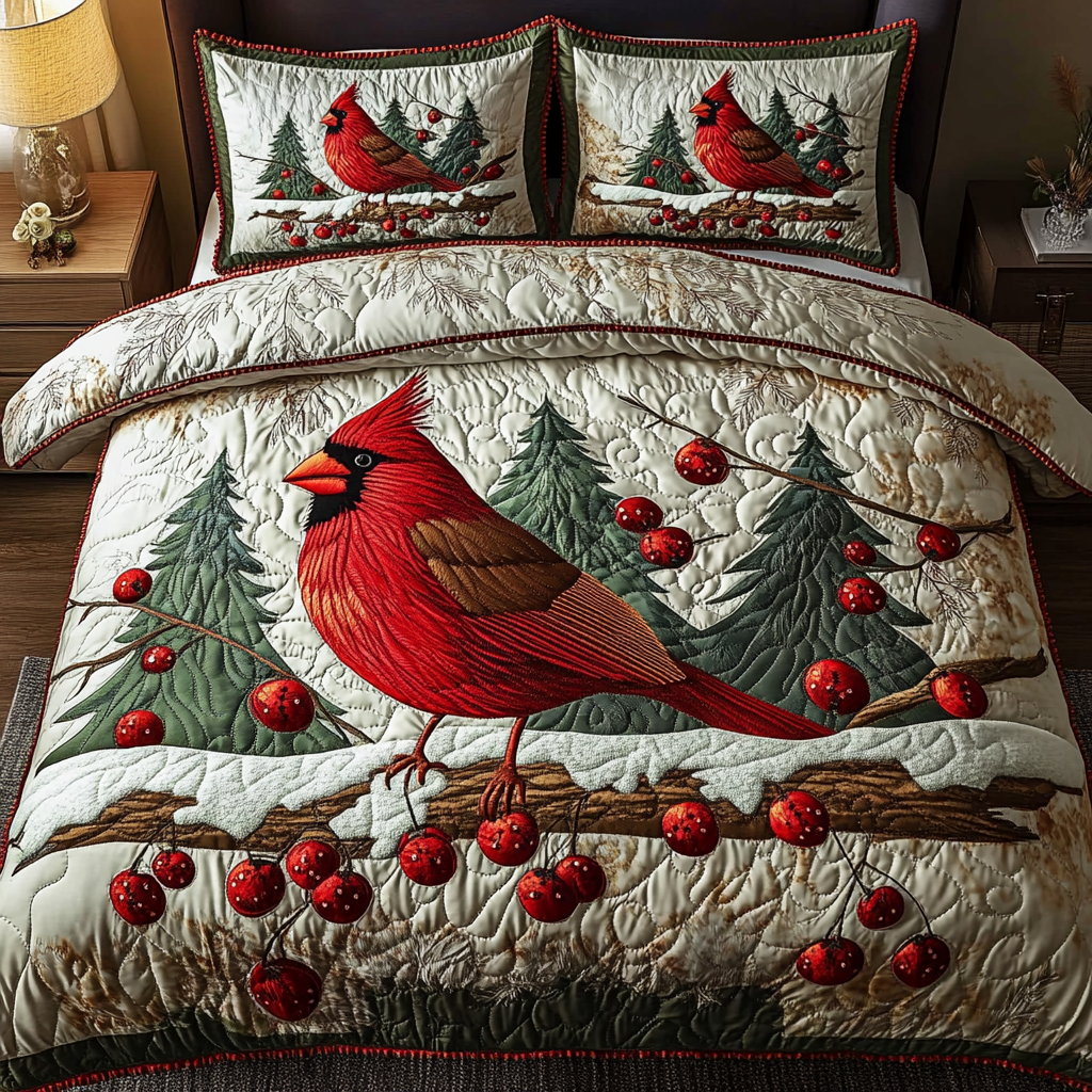 Scarlet Songbird Quilted Bedding Set Unique Cardinal Bird Gifts