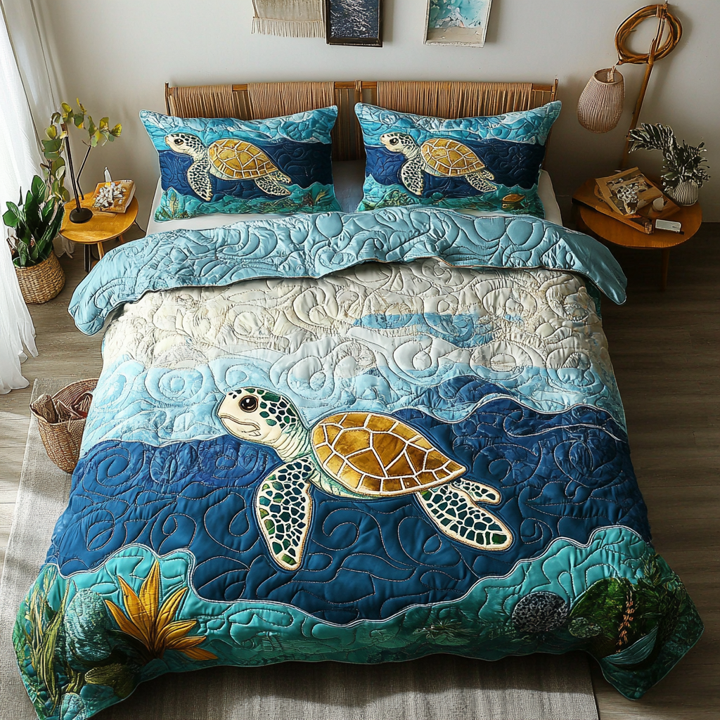 Sea Breeze Shells Quilted Bedding Set Christmas Gifts For Turtle Lovers