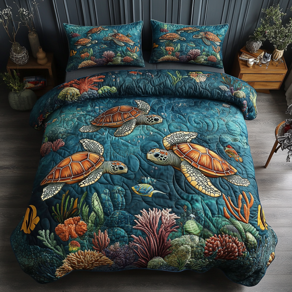 Sea Serenity Quilted Bedding Set Presents For Turtle Lovers