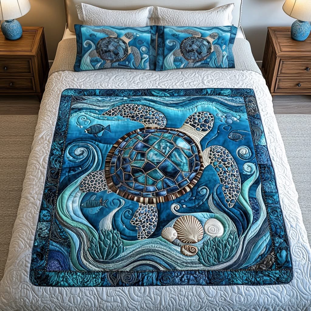 Sea Turtle Ocean Glide Quilted Bedding Set Bedroom Decor Ideas Cute Turtle Themed Gifts