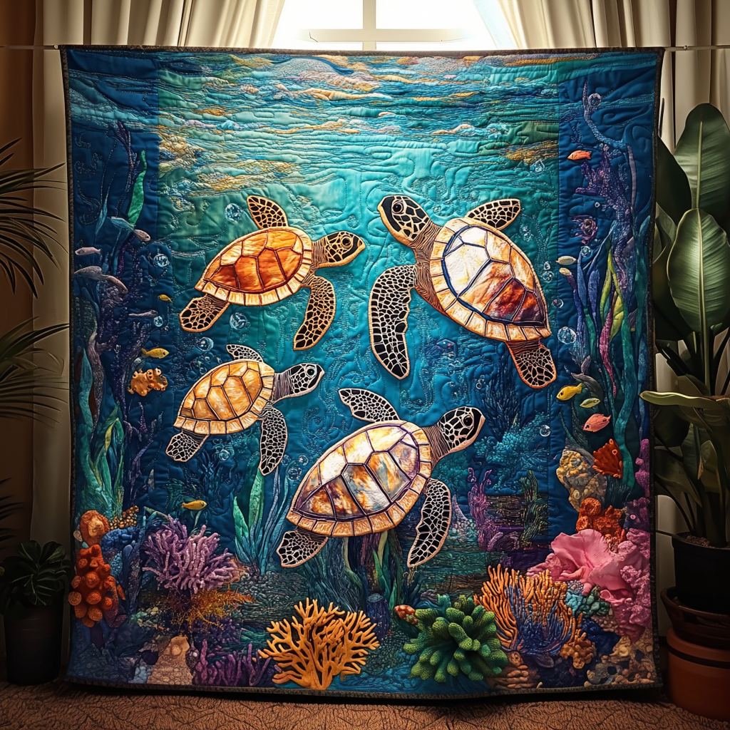 Serene Shells Quilted Blanket Holiday Throw Blanket Gift For Turtle Lover