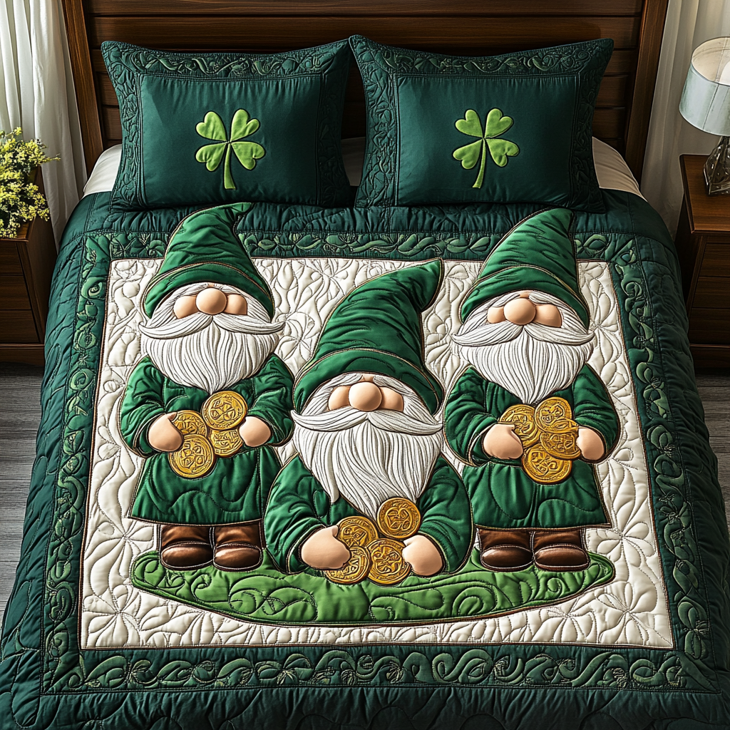 Shamrock Gnome Bliss Quilted Bedding Set Cute Gnome Gifts