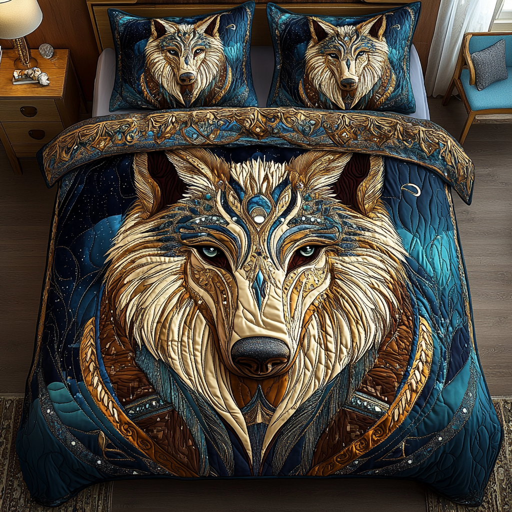 Silver Prowl Quilted Bedding Set Christmas Bed Sheets Presents For Wolf Lovers