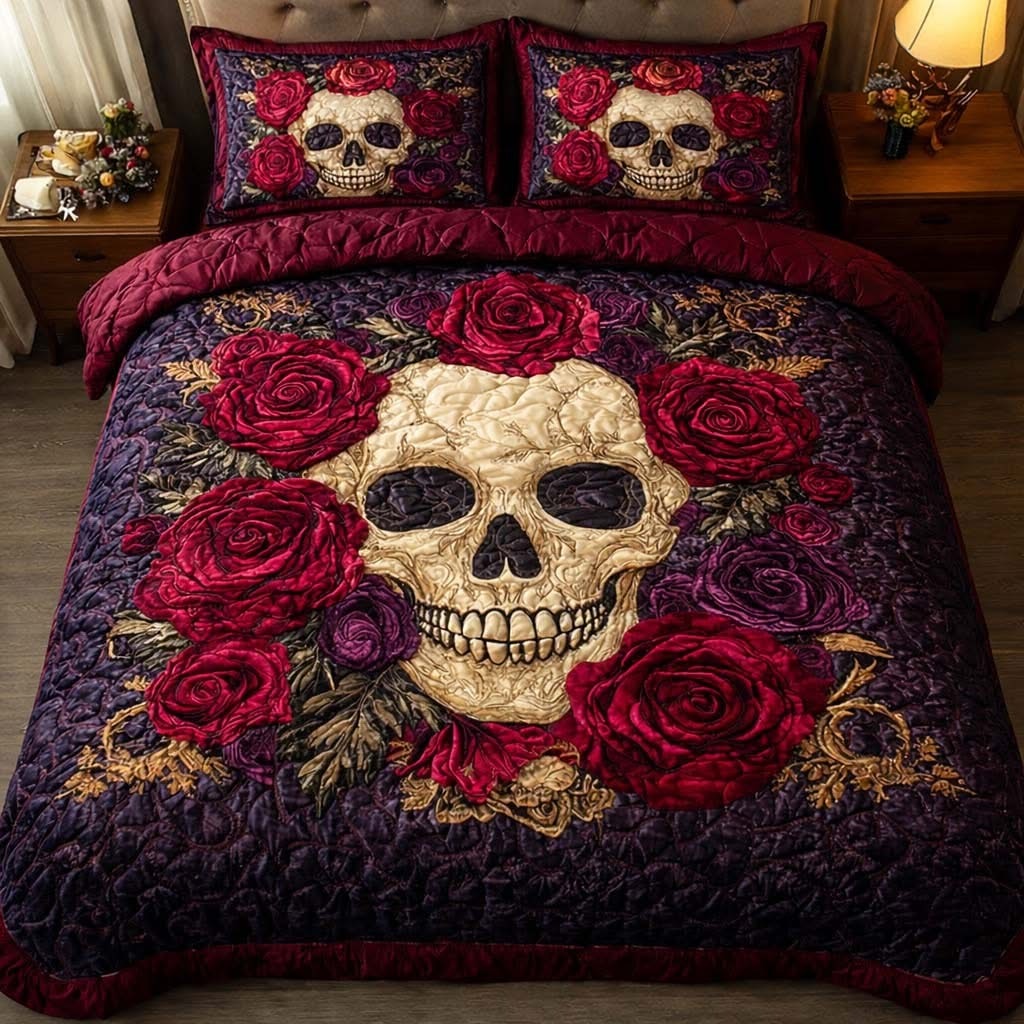 Skull Rose Quilted Bedding Set Gothic Bedroom Decor Ideas Gifts With Skulls On Them
