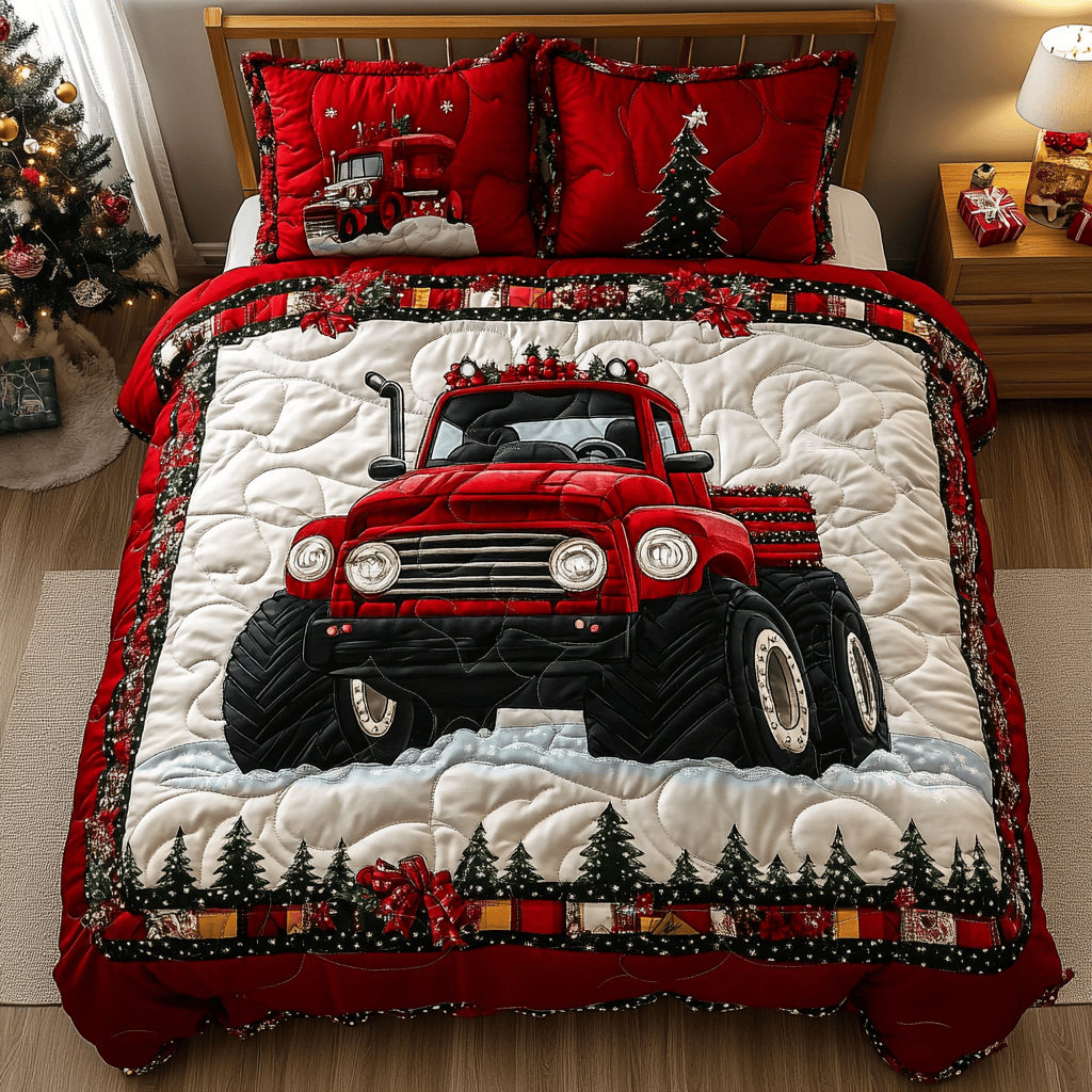 Snowbound Monster Truck Quilted Bedding Set Dad And Daughter Gifts