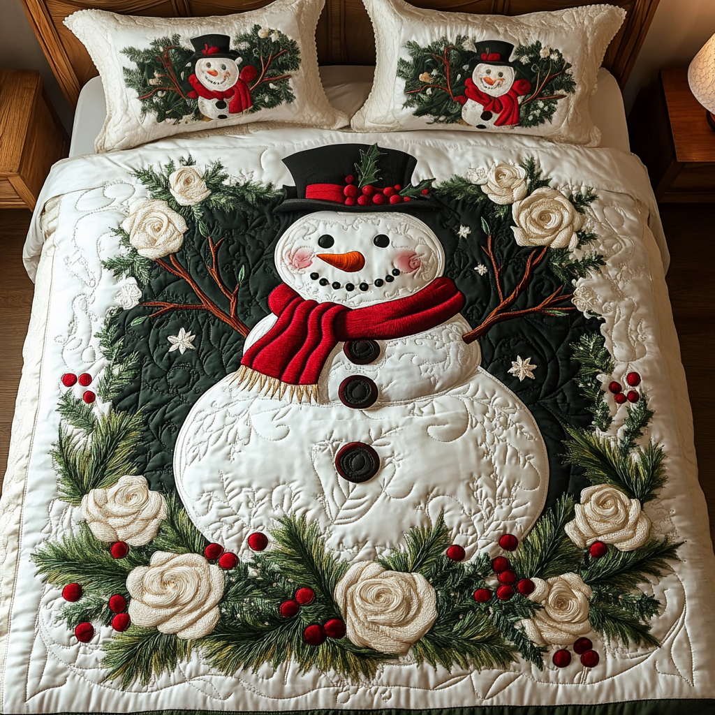 Snowland Bliss Quilted Bedding Set Unique Snowman Gifts