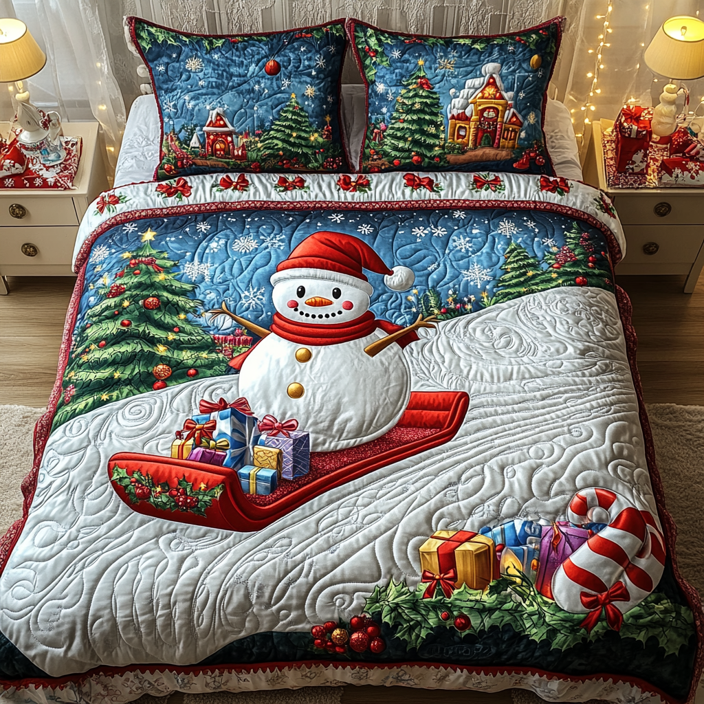 Snowman Sleigh Bliss Quilted Bedding Set Family Xmas Present Ideas