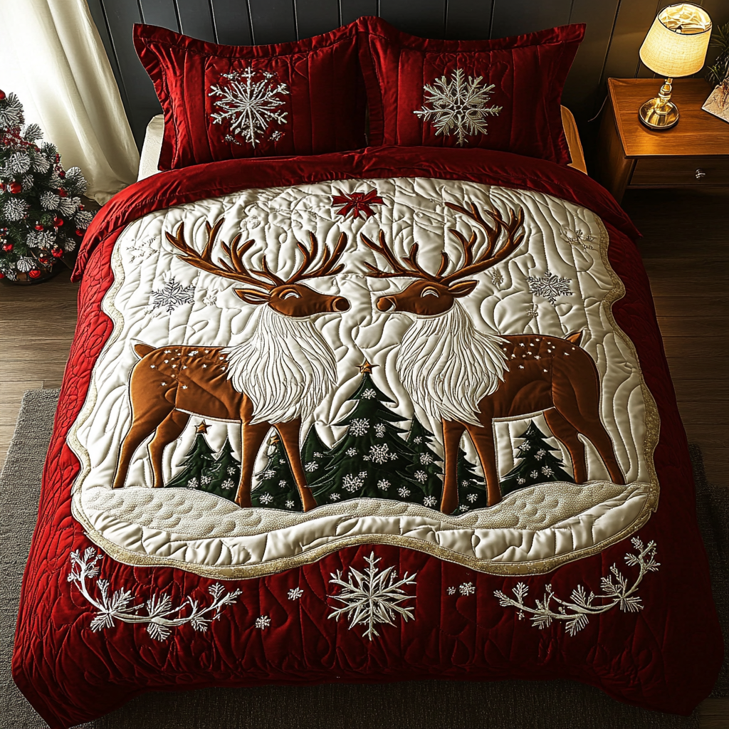 Snowy Antlers Quilted Bedding Set Christmas Gift Idea