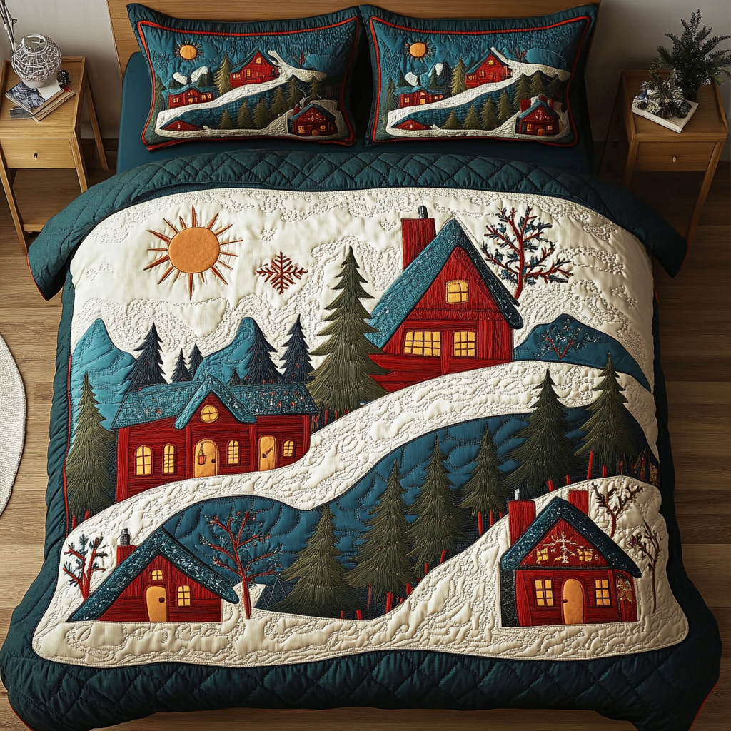Snowy Cabin Bliss Quilted Bedding Set Christmas Gift Ideas For Her