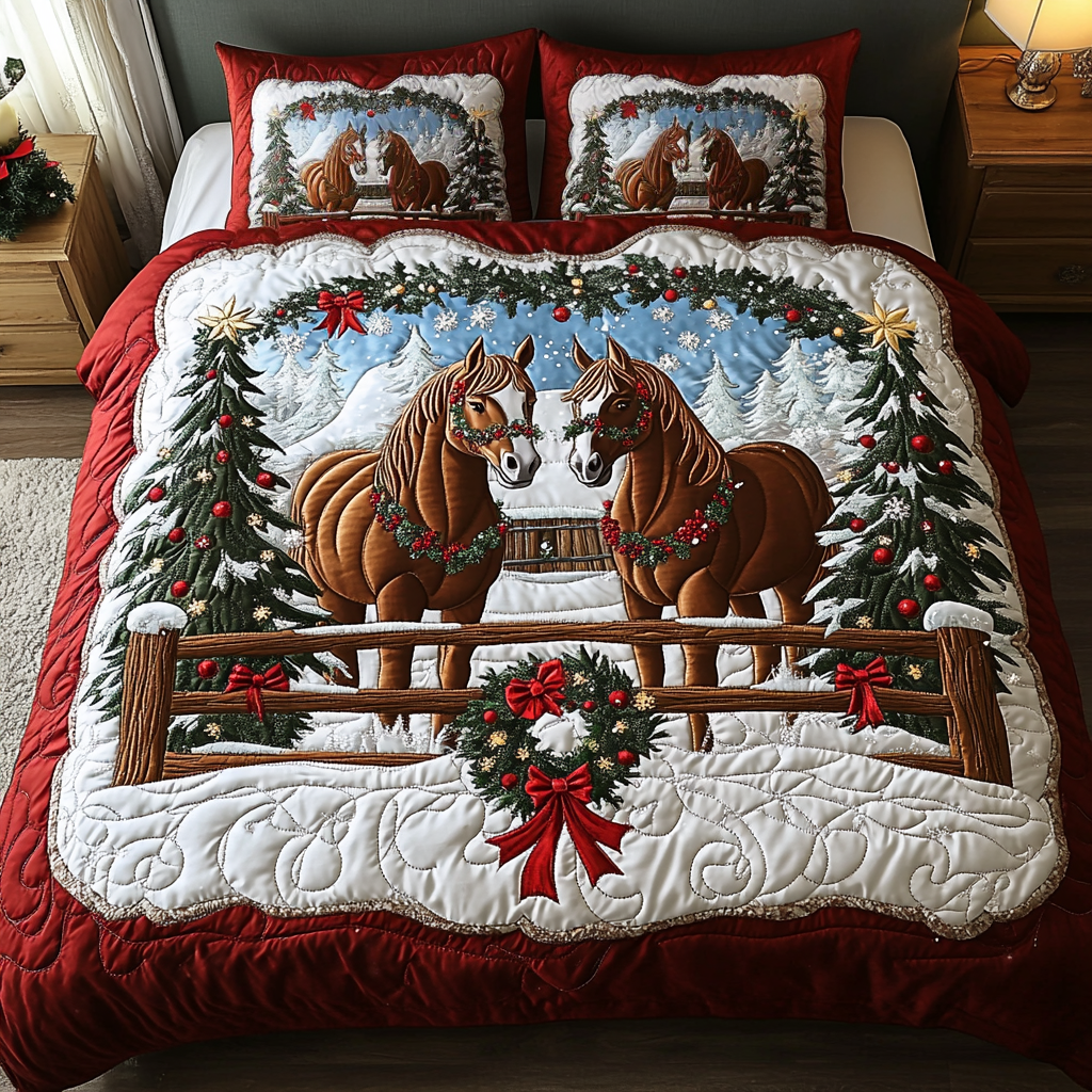 Snowy Duo Quilted Bedding Set Equestrian Christmas Gifts