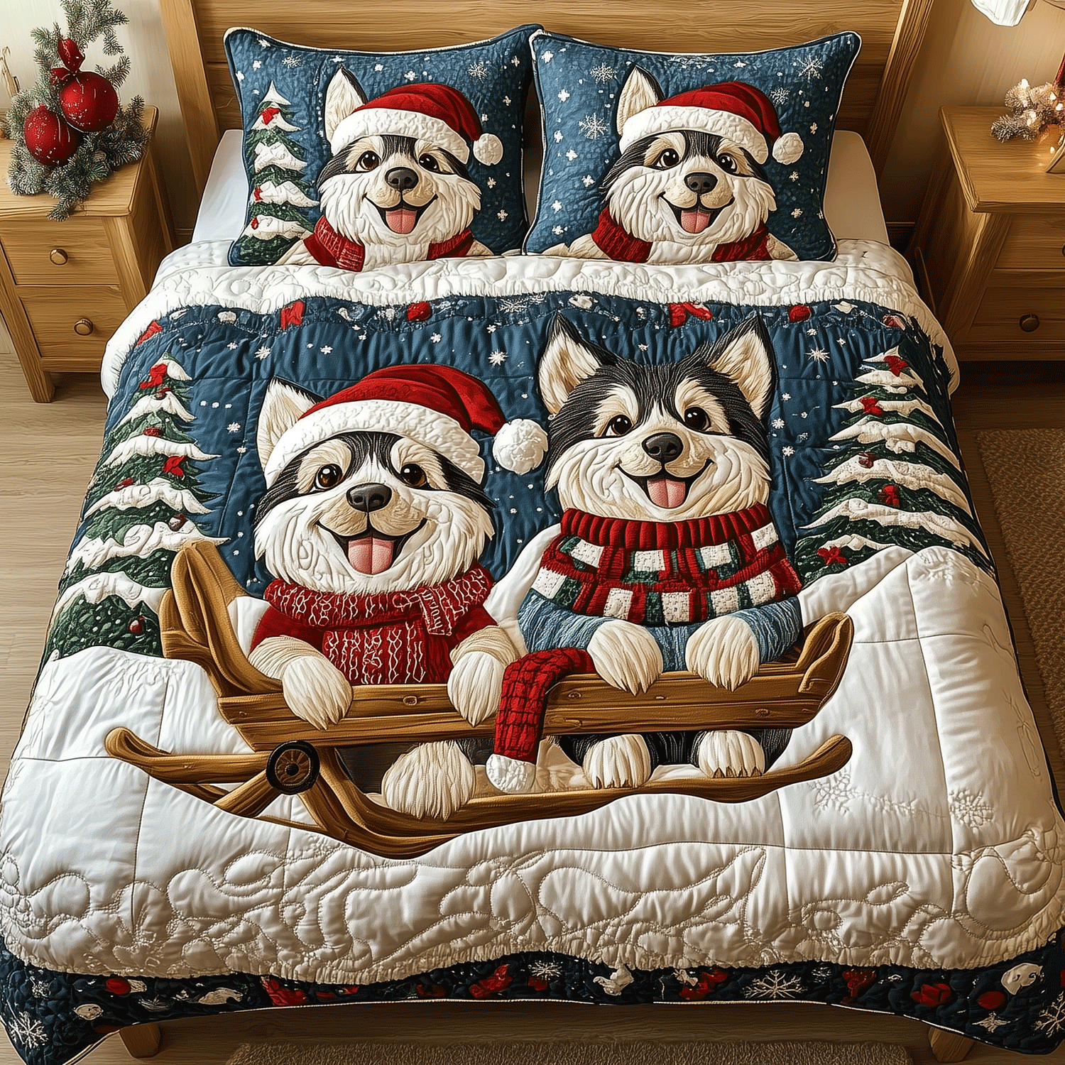Snowy Husky Christmas Quilted Bedding Set Husky Themed Gifts