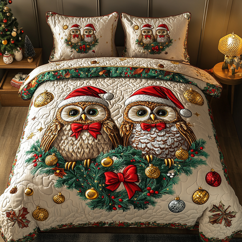 Snowy Sentinel Quilted Bedding Set Owl Themed Gifts