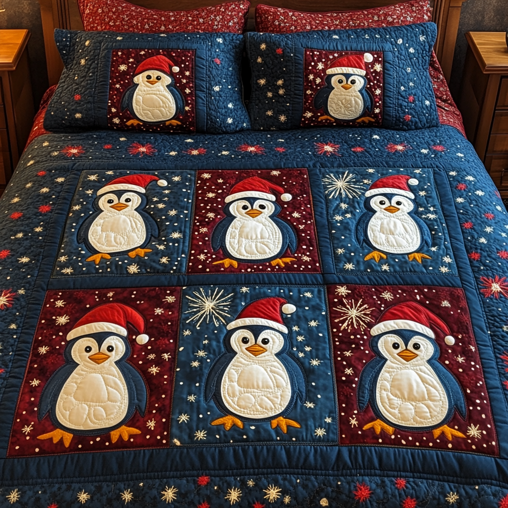 Snowy Smiles Quilted Bedding Set Penguin Gifts For Him