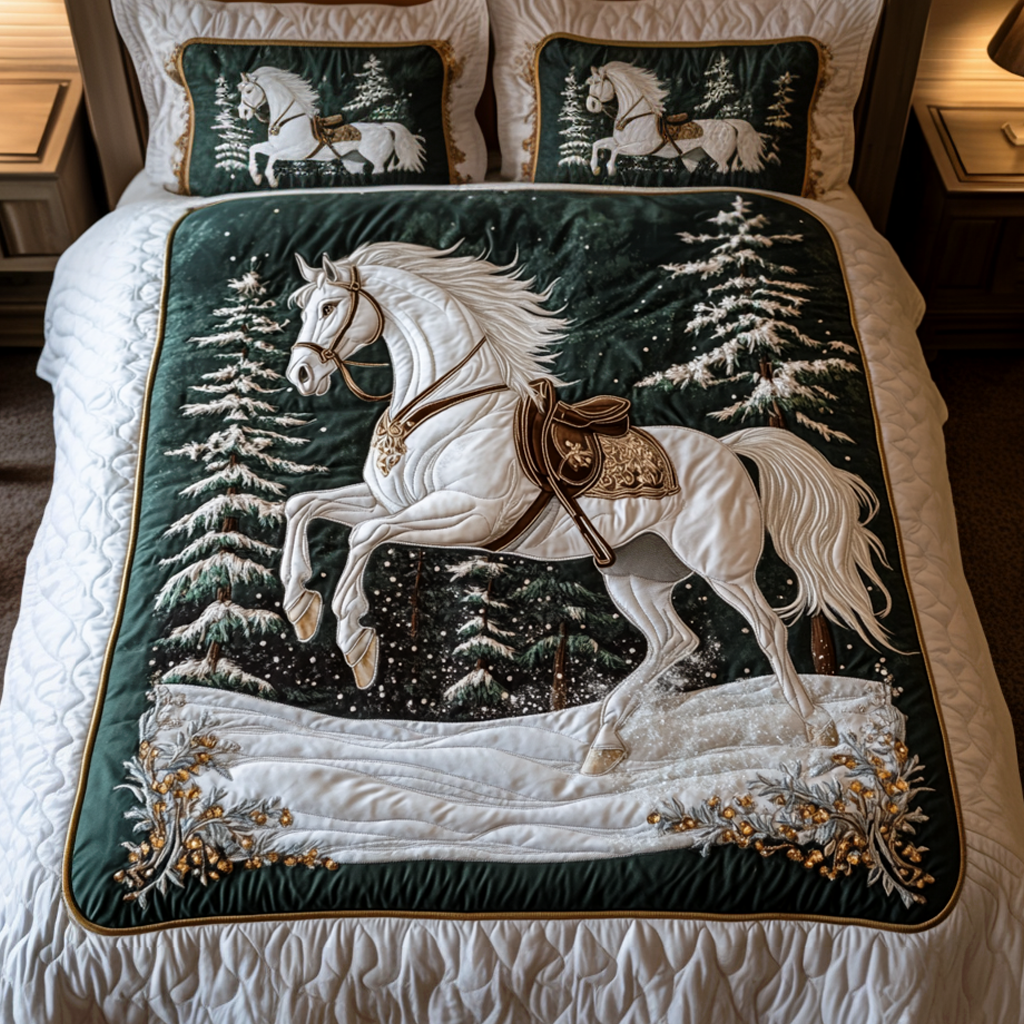 Snowy Steed Quilted Bedding Set Gifts For People Who Like Horses