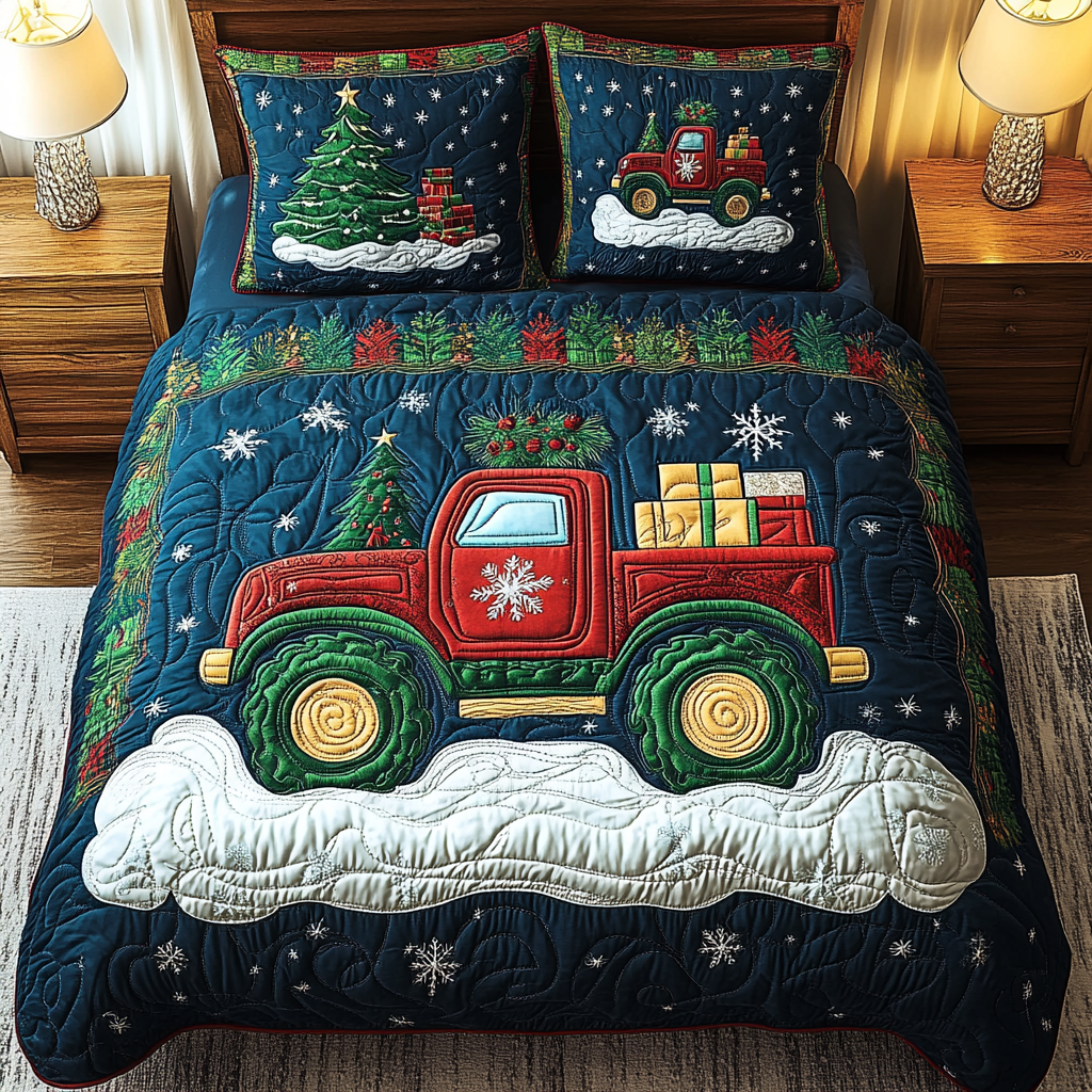 Snowy Truck Escape Quilted Bedding Set Father Daughter Presents