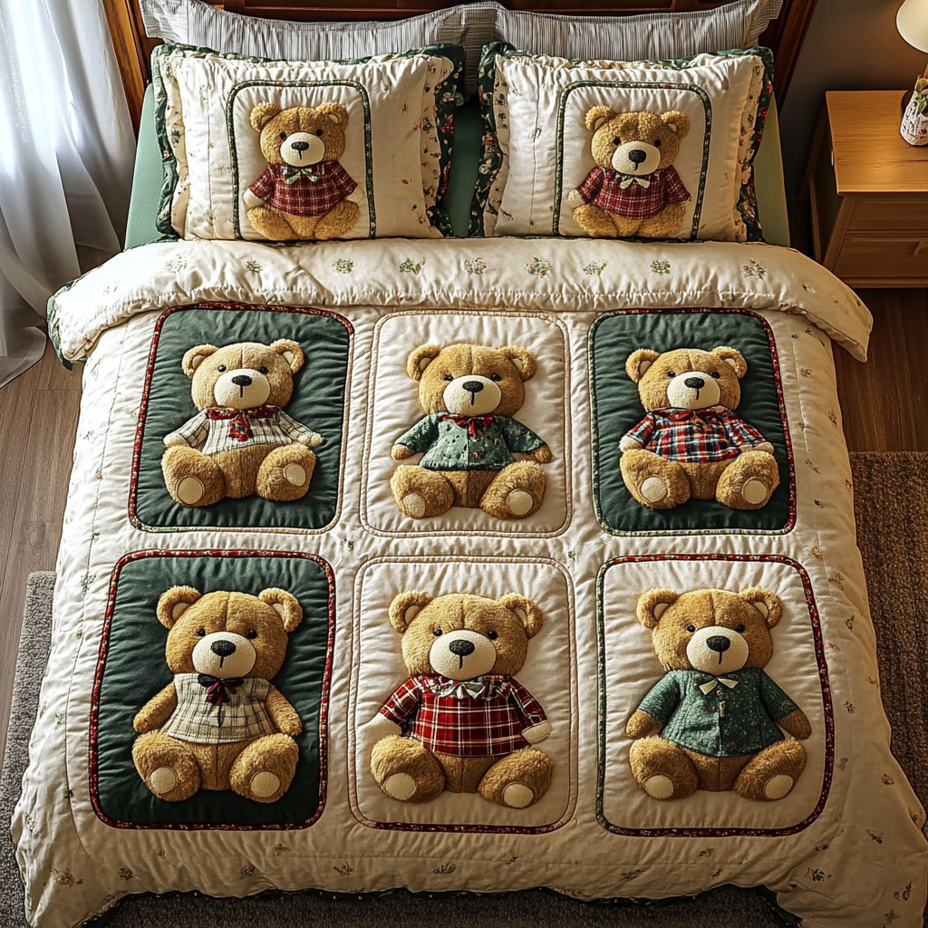 Snuggle Pals Quilted Bedding Set Aesthetic Room Decor Cute Bear Gift Ideas