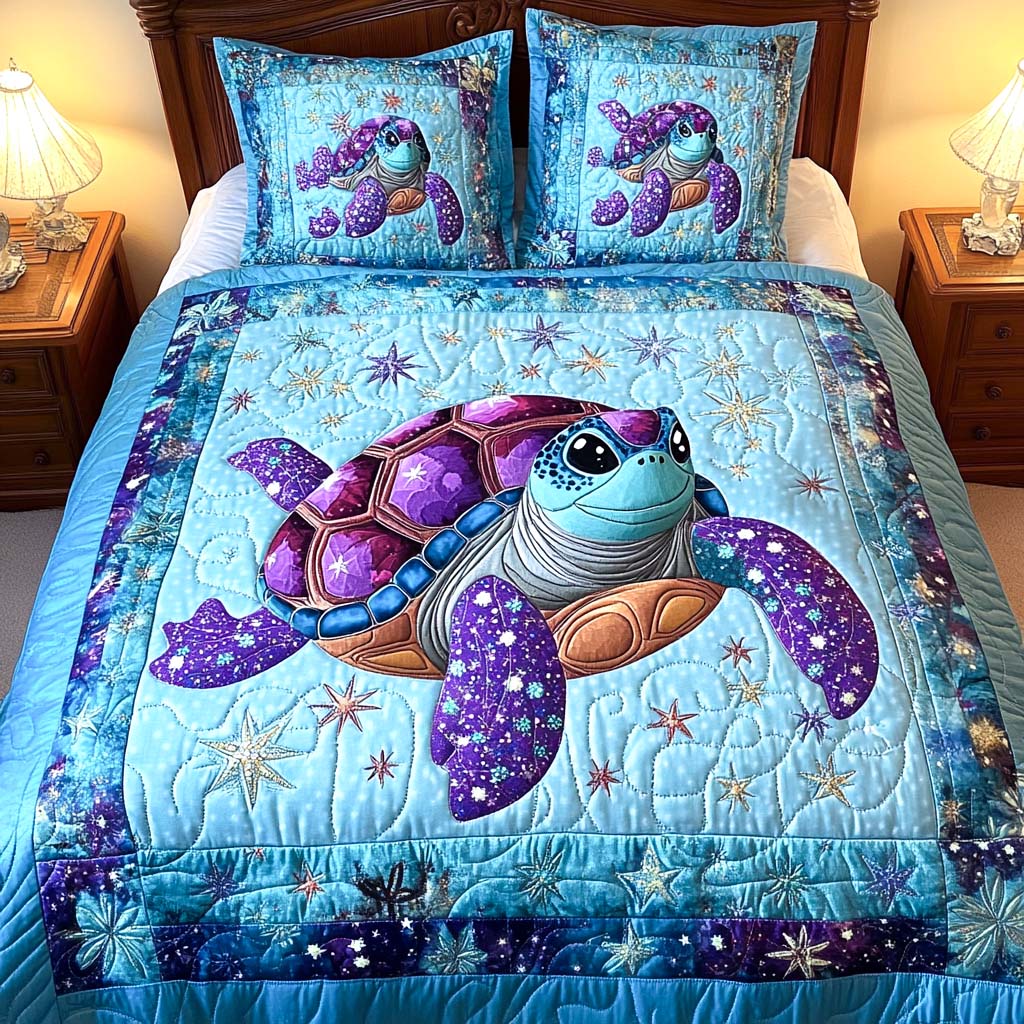 Starry Turtle Quilted Bedding Set Gift For Turtle Lover