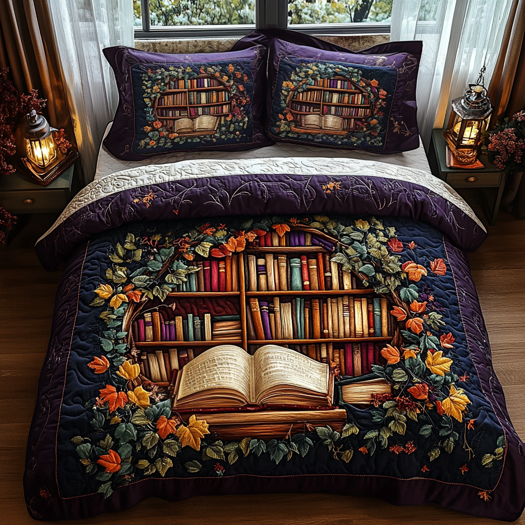 Storytime Serenity Quilted Bedding Set Christmas Gifts For Book Lovers