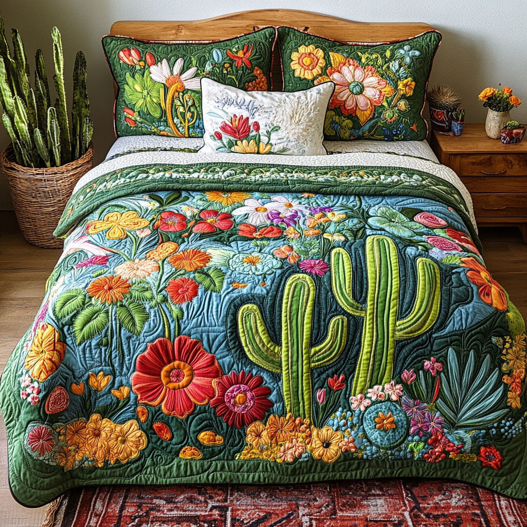Succulent Bliss Quilted Bedding Set Cactus Housewarming Gift