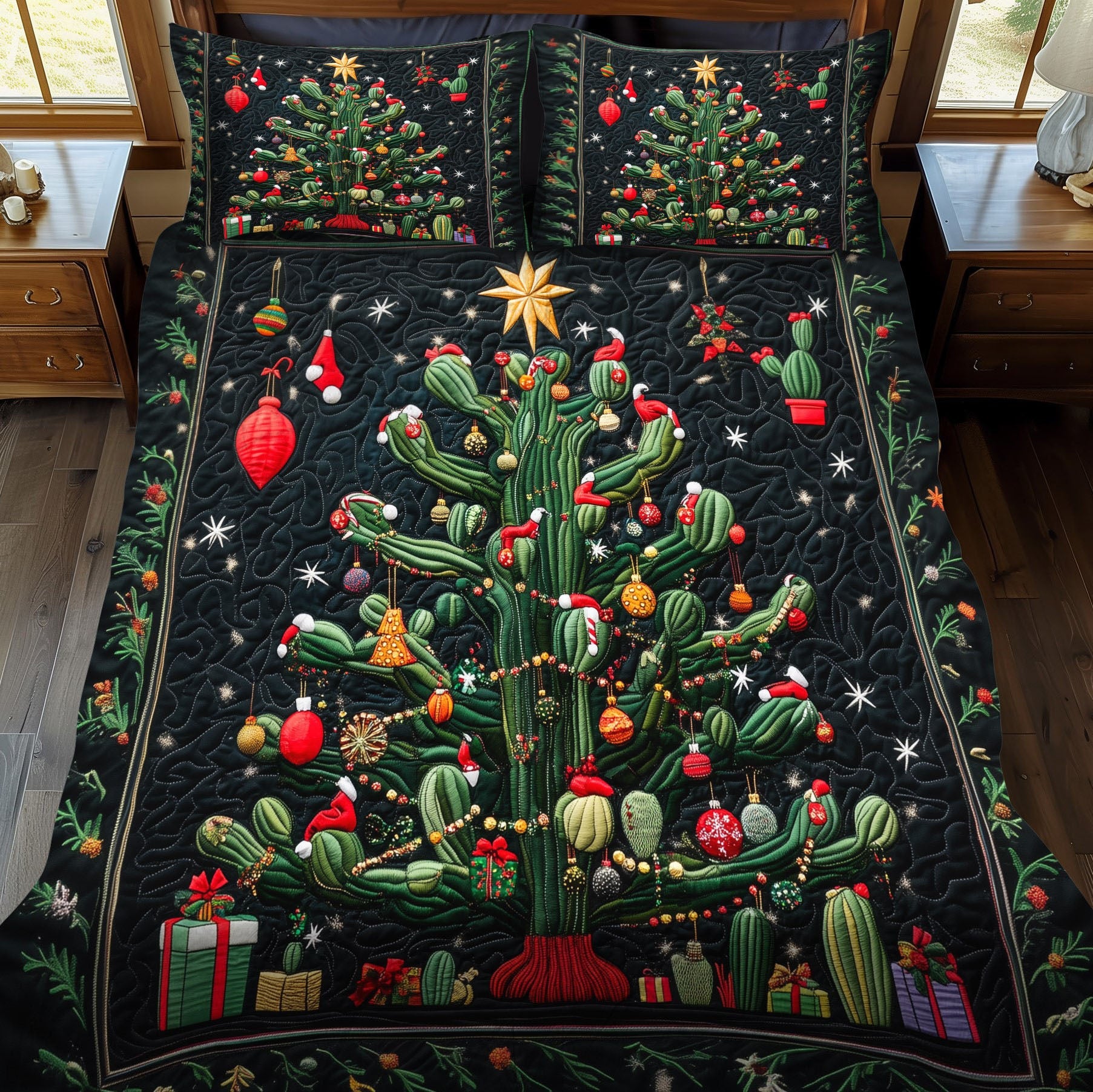 Succulent Splendor Quilted Bedding Set Cactus Gifts For Him