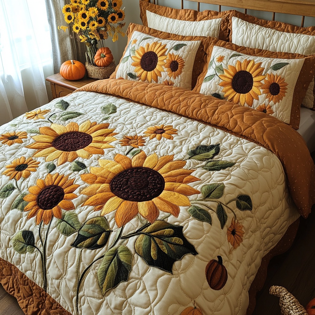 Sunflower Bouquet Quilted Bedding Set Rustic Floral Bedspread Set Gifts For Sunflower Lovers