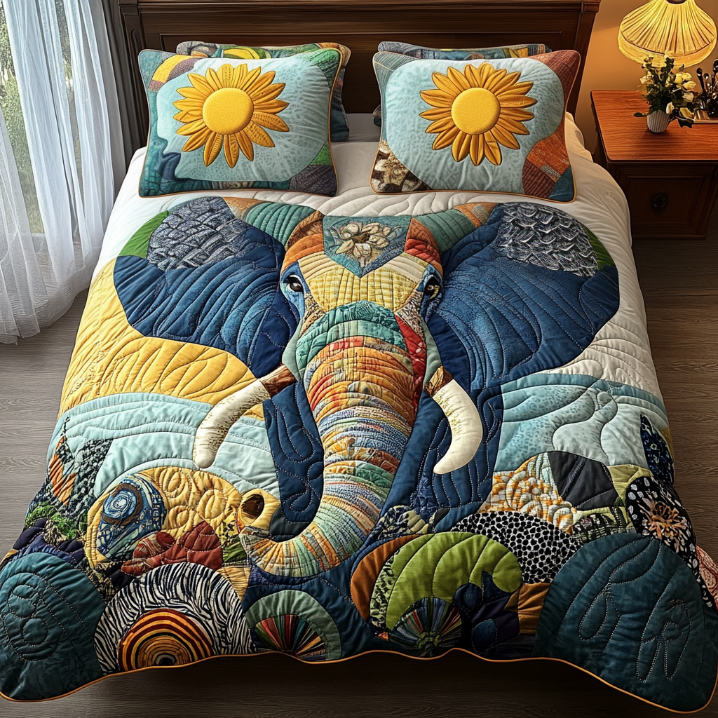 Sunlit Wanderer Quilted Bedding Set Elephant Gifts For Him Her