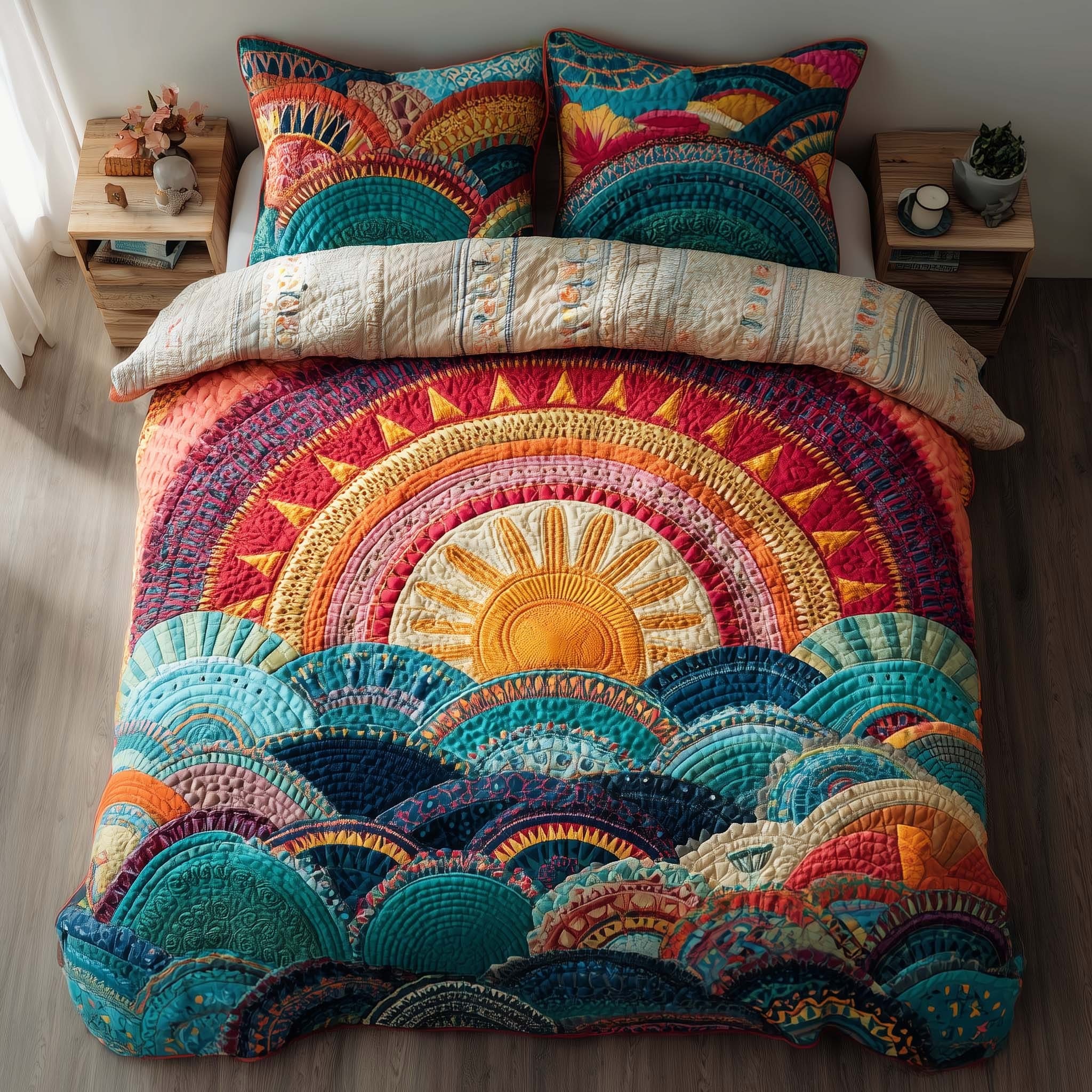 Sunrise Guardian Quilted Bedding Set Bohemian Patchwork Bed Sheet Set Bed Decorations