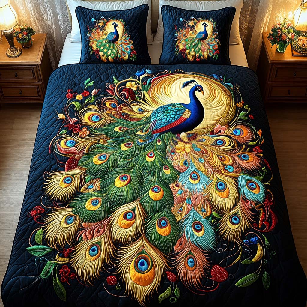 Sunset Plume Charm Quilted Bedding Set Gift For Peacock Lover