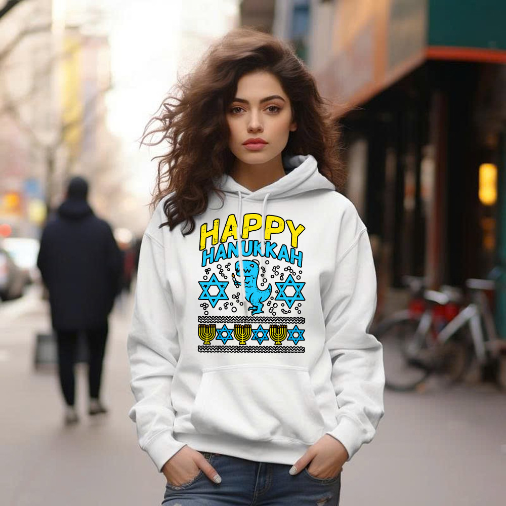 T-Rex Dinosaur Happy Hanukkah Jewish Hoodie Jewish Birthday Gifts For Boys Basgiathsweatshirts - Image 2