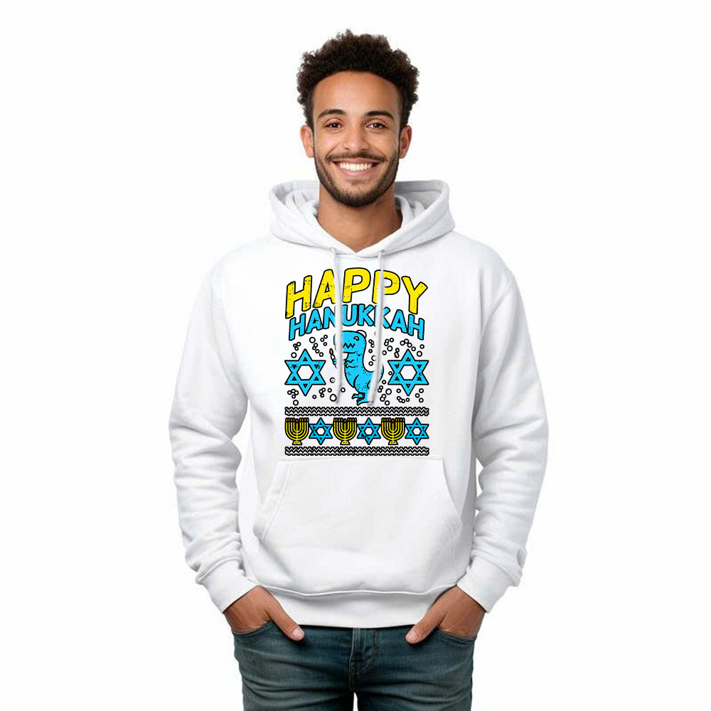 T-Rex Dinosaur Happy Hanukkah Jewish Hoodie Jewish Birthday Gifts For Boys Basgiathsweatshirts - Image 3