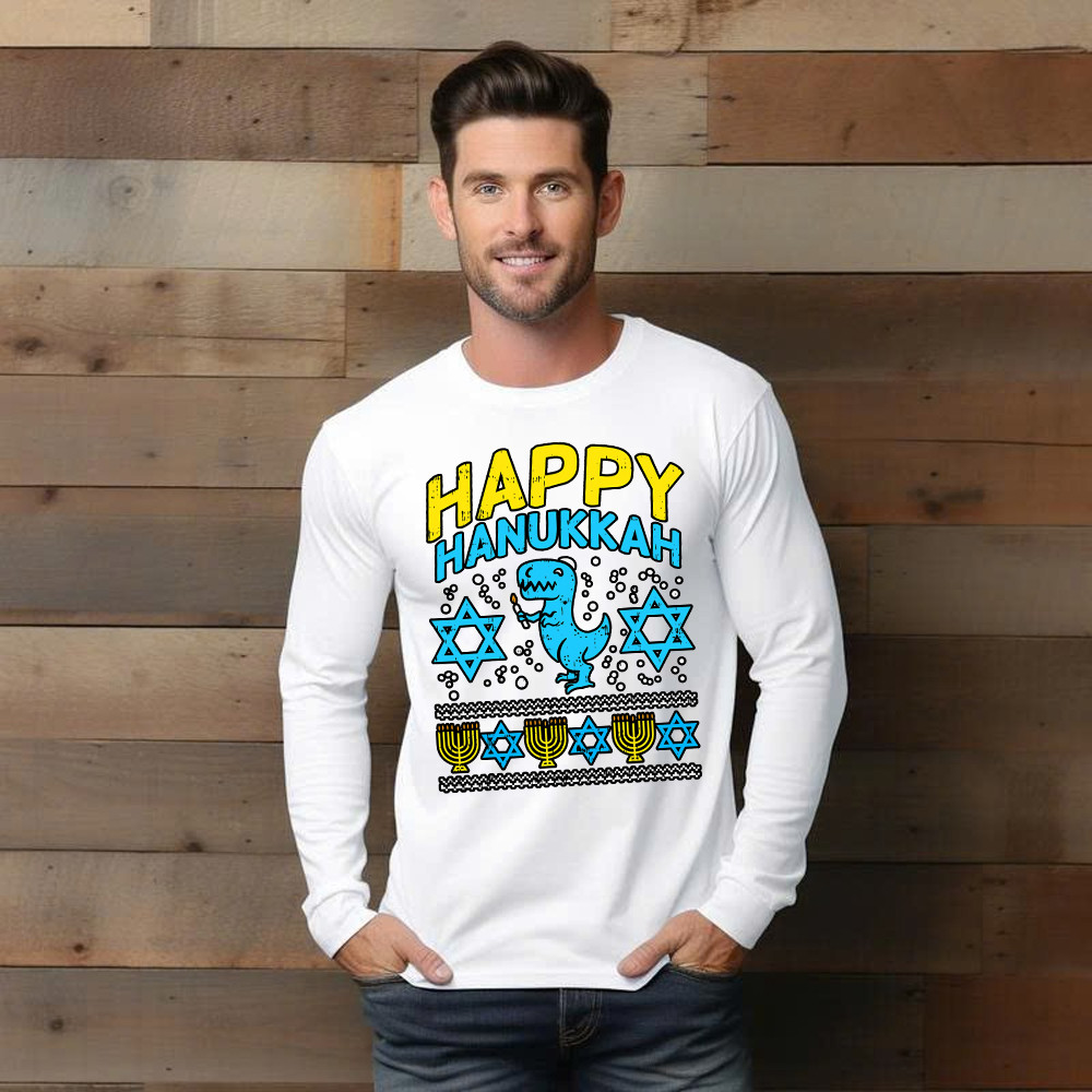 T-Rex Dinosaur Happy Hanukkah Jewish Long Sleeve Shirt Jewish Birthday Gifts For Boys Basgiathsweatshirts - Image 2