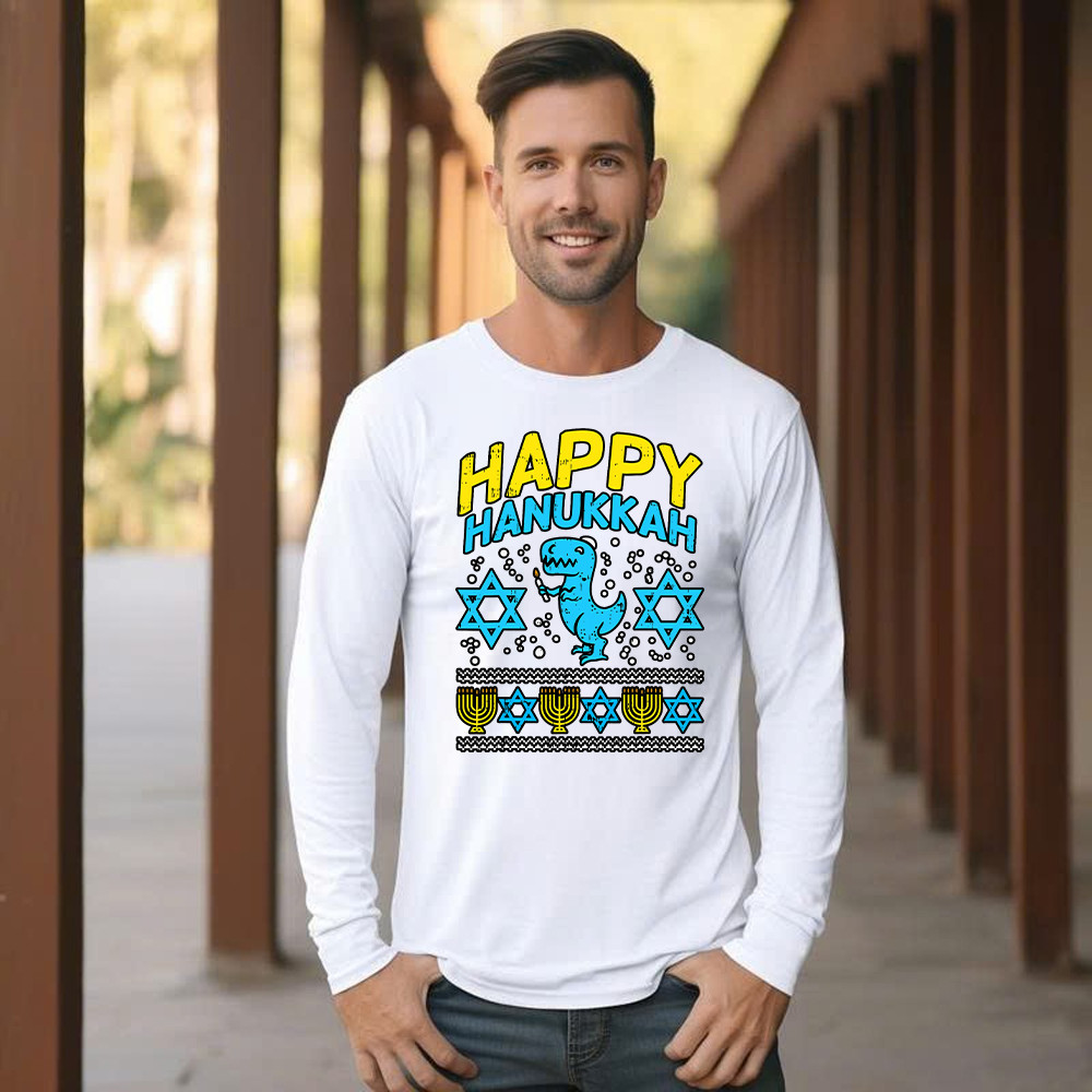 T-Rex Dinosaur Happy Hanukkah Jewish Long Sleeve Shirt Jewish Birthday Gifts For Boys Basgiathsweatshirts - Image 4