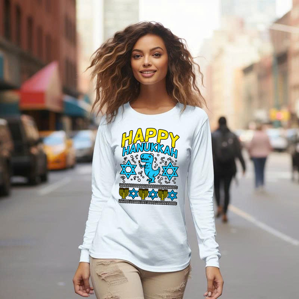 T-Rex Dinosaur Happy Hanukkah Jewish Long Sleeve Shirt Jewish Birthday Gifts For Boys Basgiathsweatshirts - Image 3