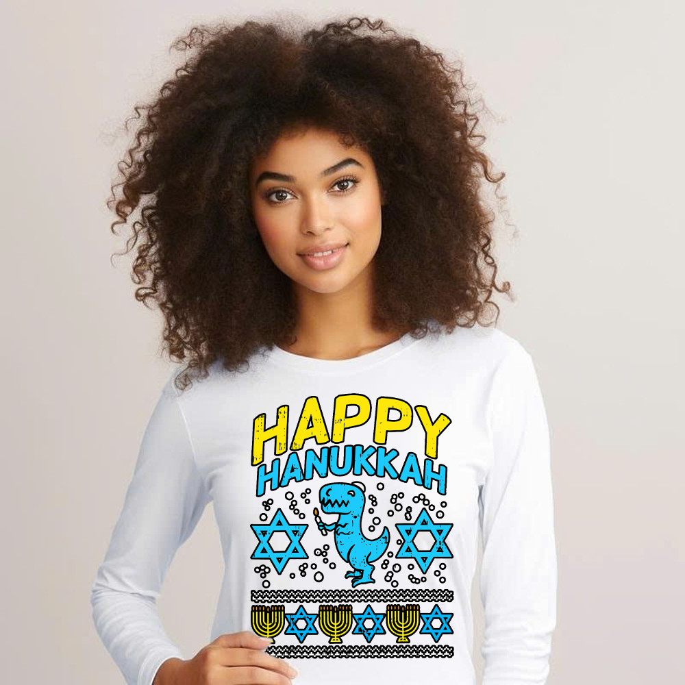 T-Rex Dinosaur Happy Hanukkah Jewish Long Sleeve Shirt Jewish Birthday Gifts For Boys Basgiathsweatshirts - Image 5