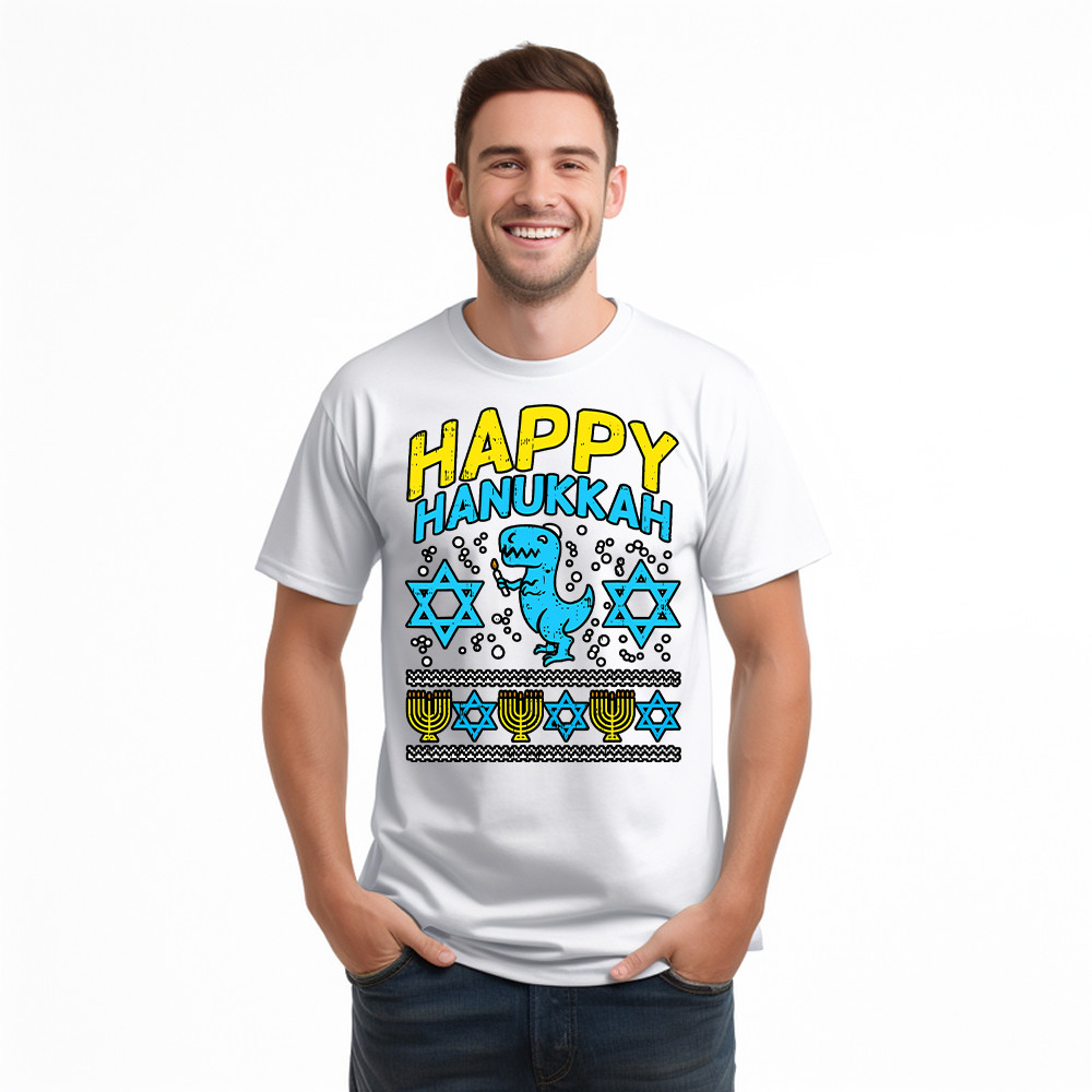 T-Rex Dinosaur Happy Hanukkah Jewish T-Shirt Jewish Birthday Gifts For Boys Basgiathsweatshirts - Image 2