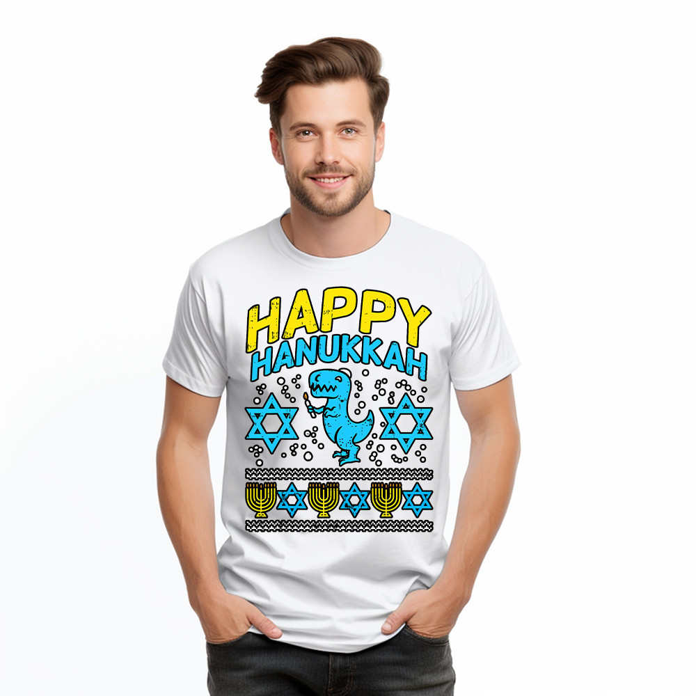 T-Rex Dinosaur Happy Hanukkah Jewish T-Shirt Jewish Birthday Gifts For Boys Basgiathsweatshirts - Image 4