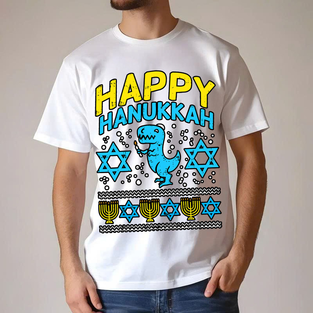 T-Rex Dinosaur Happy Hanukkah Jewish T-Shirt Jewish Birthday Gifts For Boys Basgiathsweatshirts - Image 5