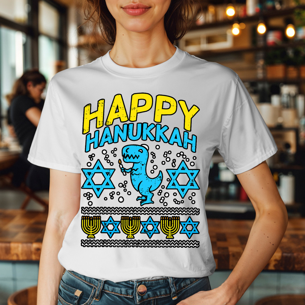 T-Rex Dinosaur Happy Hanukkah Jewish T-Shirt Jewish Birthday Gifts For Boys Basgiathsweatshirts - Image 3