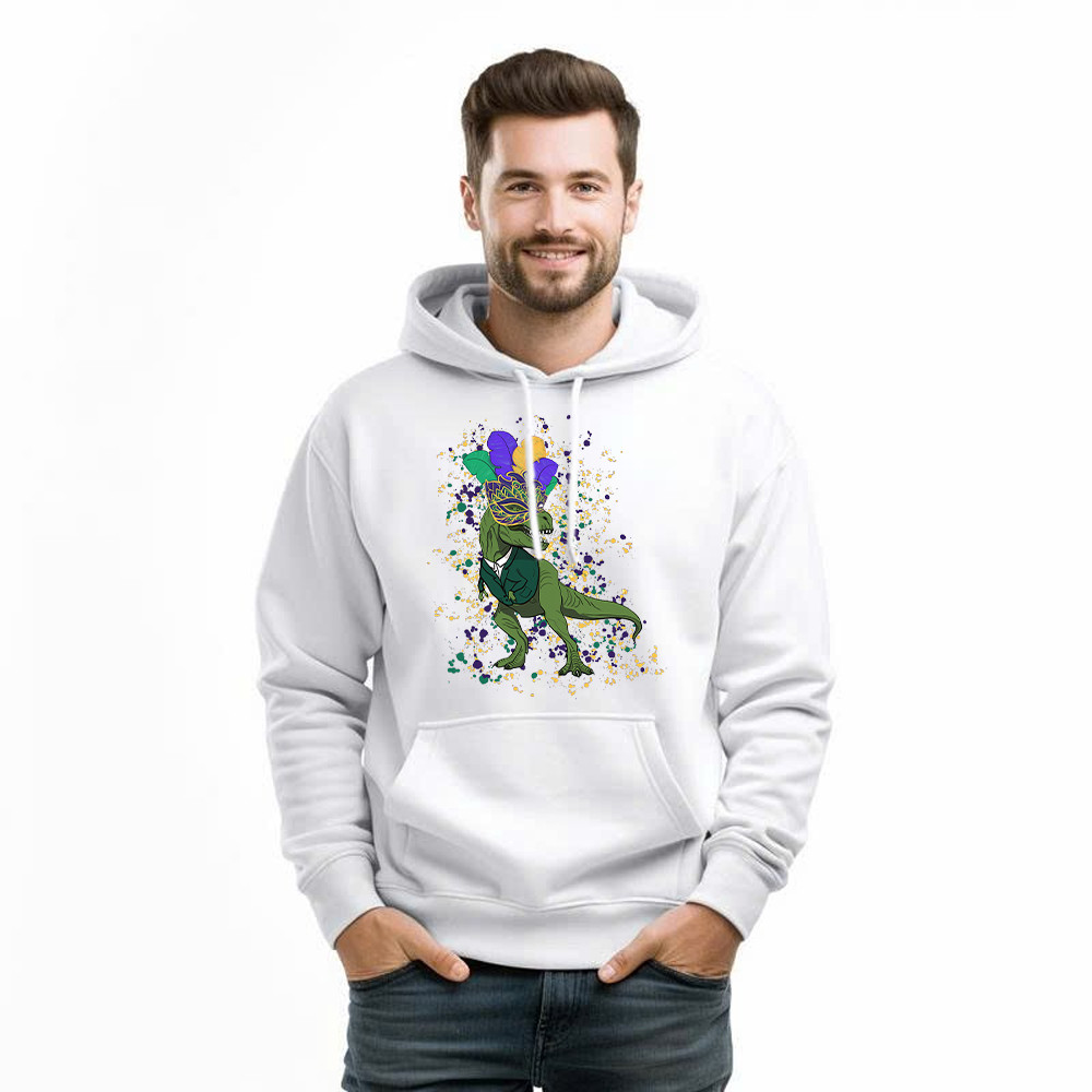T-Rex Dinosaur Mardi Gras Hoodie Themed Mardi Gras Gift Ideas For Him Basgiathsweatshirts - Image 3