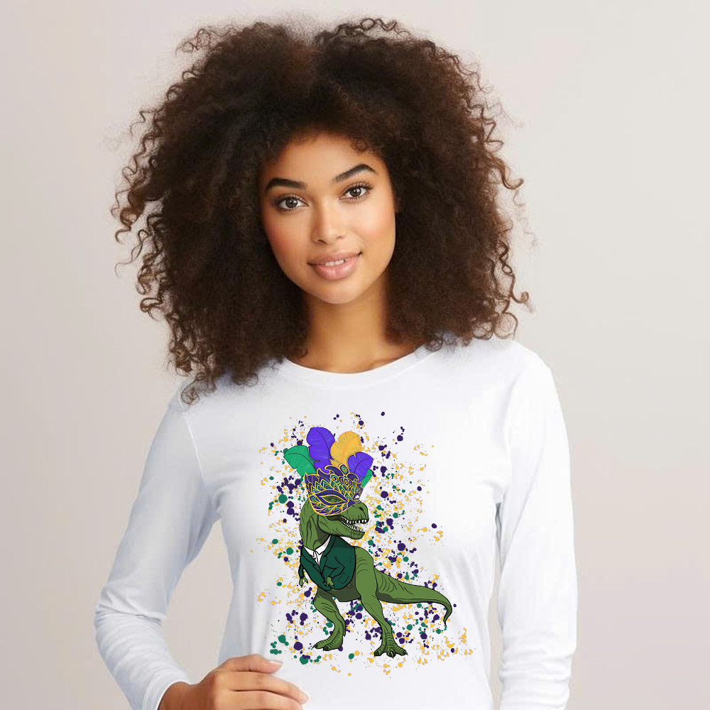 T-Rex Dinosaur Mardi Gras Long Sleeve Shirt Themed Mardi Gras Gift Ideas For Him Basgiathsweatshirts - Image 5