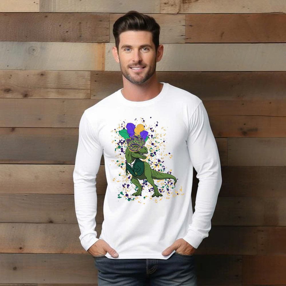 T-Rex Dinosaur Mardi Gras Long Sleeve Shirt Themed Mardi Gras Gift Ideas For Him Basgiathsweatshirts - Image 3