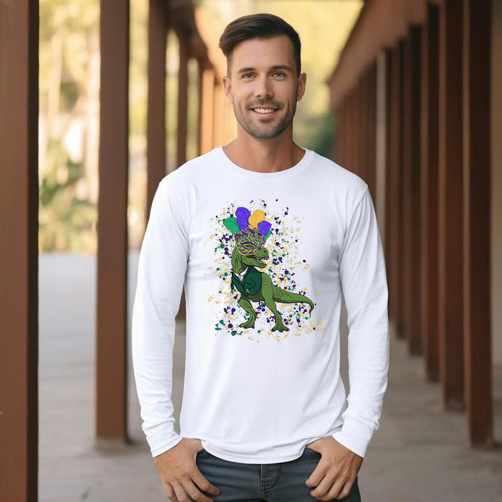 T-Rex Dinosaur Mardi Gras Long Sleeve Shirt Themed Mardi Gras Gift Ideas For Him Basgiathsweatshirts - Image 2