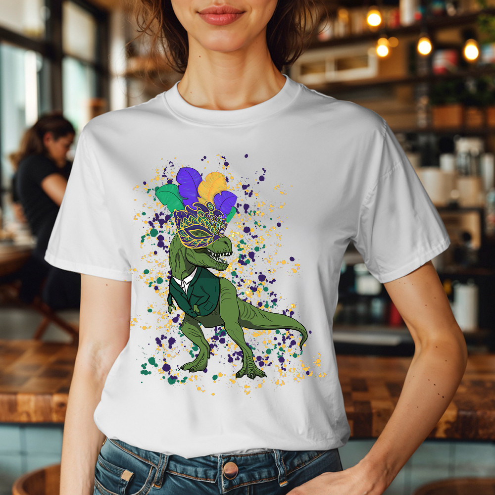 T-Rex Dinosaur Mardi Gras Shirt Themed Mardi Gras Gift Ideas For Him Basgiathsweatshirts - Image 2